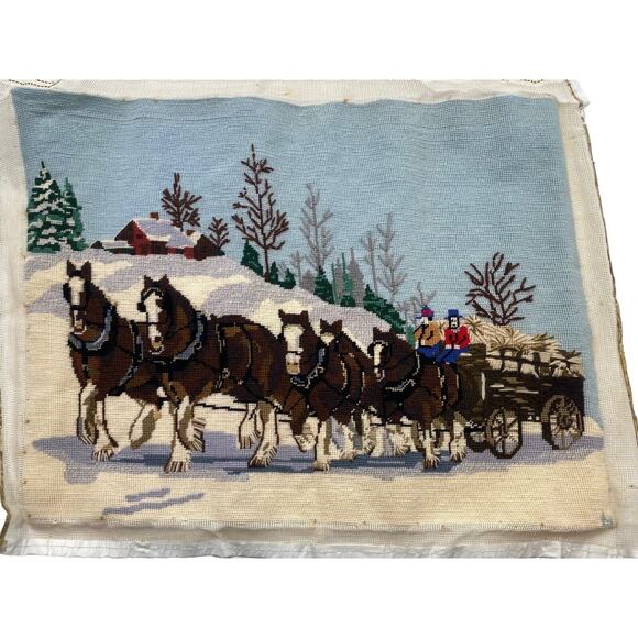 Vintage Needlepoint Clydesdale Horses Amish Winter Scene Wagon 70's Picture - Picture 7 of 12